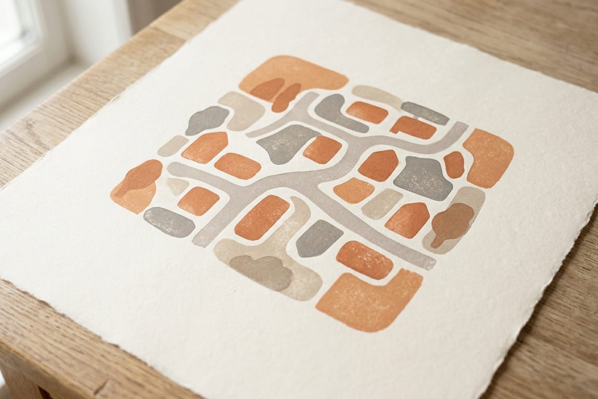 A quiet abstract illustration of a neighbourhood seen from above — soft terracotta and warm grey shapes suggesting rooftops and streets on a cream paper background.